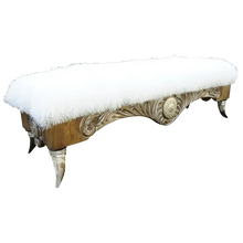Load image into Gallery viewer, Handcrafted Western bench with Tibetan wool upholstery, silver-finished carvings, and copper conchos. The Santa Petronilla II Bench blends rustic elegance and artisanal craftsmanship in a truly unique design.