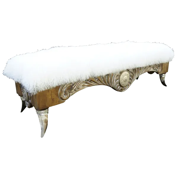 Handcrafted Western bench with Tibetan wool upholstery, silver-finished carvings, and copper conchos. The Santa Petronilla II Bench blends rustic elegance and artisanal craftsmanship in a truly unique design.