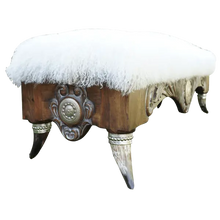 Load image into Gallery viewer, Handcrafted Western bench with Tibetan wool upholstery, silver-finished carvings, and copper conchos. The Santa Petronilla II Bench blends rustic elegance and artisanal craftsmanship in a truly unique design.