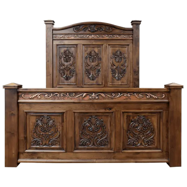 Handcrafted Tuscan bed made from solid Timberwood with carved medallions and copper trim. The Tuscan Bed blends Italian elegance with rustic craftsmanship in a timeless design.