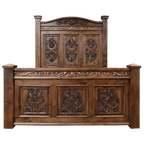 Handcrafted Tuscan bed made from solid Timberwood with carved medallions and copper trim. The Tuscan Bed blends Italian elegance with rustic craftsmanship in a timeless design.