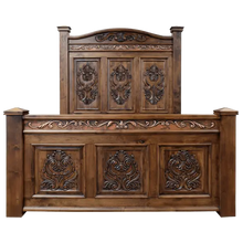 Load image into Gallery viewer, Handcrafted Tuscan bed made from solid Timberwood with carved medallions and copper trim. The Tuscan Bed blends Italian elegance with rustic craftsmanship in a timeless design.