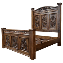 Load image into Gallery viewer, Handcrafted Tuscan bed made from solid Timberwood with carved medallions and copper trim. The Tuscan Bed blends Italian elegance with rustic craftsmanship in a timeless design.