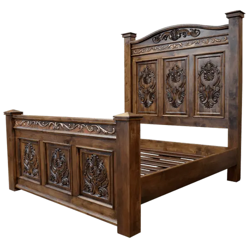 Handcrafted Tuscan bed made from solid Timberwood with carved medallions and copper trim. The Tuscan Bed blends Italian elegance with rustic craftsmanship in a timeless design.