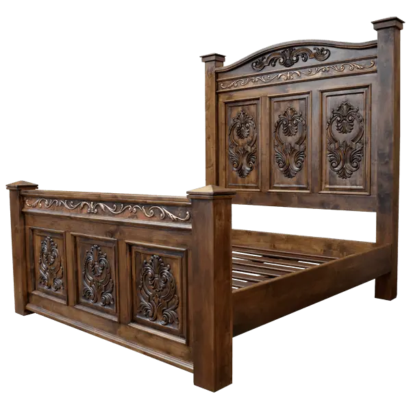 Handcrafted Tuscan bed made from solid Timberwood with carved medallions and copper trim. The Tuscan Bed blends Italian elegance with rustic craftsmanship in a timeless design.
