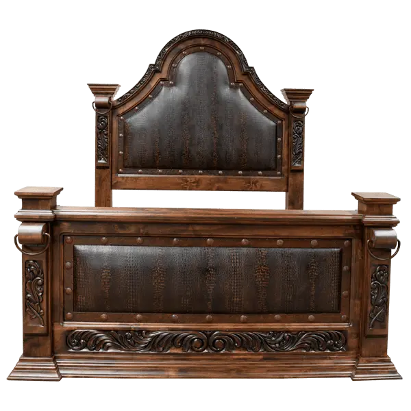 Handcrafted Western bed with carved detailing, embossed leather panels, and nailhead trim. The La Riata Bed blends rustic elegance with heirloom-quality craftsmanship.