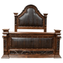 Load image into Gallery viewer, Handcrafted Western bed with carved detailing, embossed leather panels, and nailhead trim. The La Riata Bed blends rustic elegance with heirloom-quality craftsmanship.