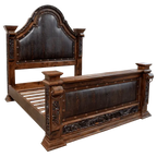 Handcrafted Western bed with carved detailing, embossed leather panels, and nailhead trim. The La Riata Bed blends rustic elegance with heirloom-quality craftsmanship.