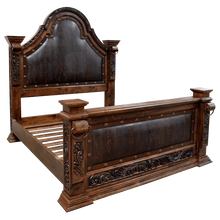 Load image into Gallery viewer, Handcrafted Western bed with carved detailing, embossed leather panels, and nailhead trim. The La Riata Bed blends rustic elegance with heirloom-quality craftsmanship.
