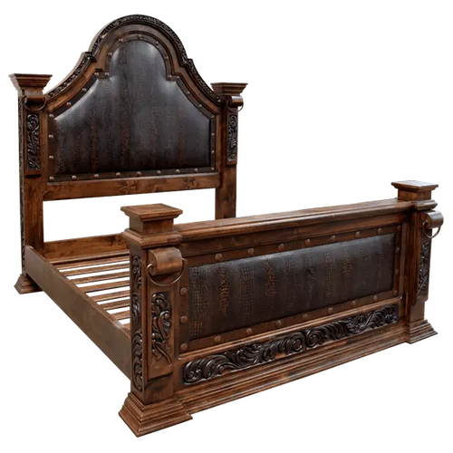 Handcrafted Western bed with carved detailing, embossed leather panels, and nailhead trim. The La Riata Bed blends rustic elegance with heirloom-quality craftsmanship.