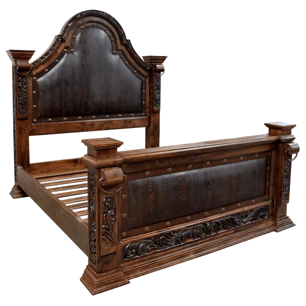 Handcrafted Western bed with carved detailing, embossed leather panels, and nailhead trim. The La Riata Bed blends rustic elegance with heirloom-quality craftsmanship.
