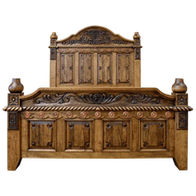 Load image into Gallery viewer, Handcrafted Western bed with carved panels, rope molding, and bold finials. The Las Cruces Bed blends rustic elegance with classic craftsmanship and timeless design.
