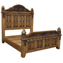 Load image into Gallery viewer, Handcrafted Western bed with carved panels, rope molding, and bold finials. The Las Cruces Bed blends rustic elegance with classic craftsmanship and timeless design.