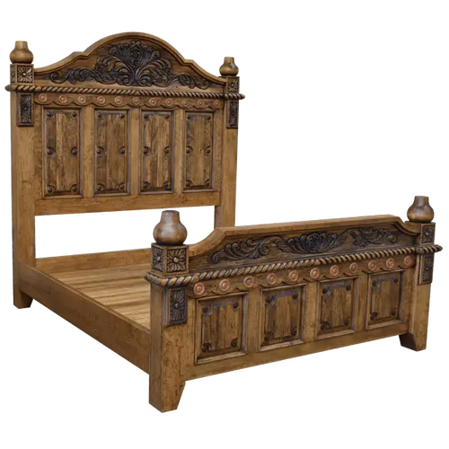 Handcrafted Western bed with carved panels, rope molding, and bold finials. The Las Cruces Bed blends rustic elegance with classic craftsmanship and timeless design.