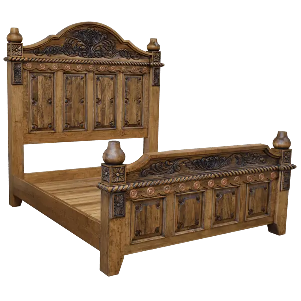 Handcrafted Western bed with carved panels, rope molding, and bold finials. The Las Cruces Bed blends rustic elegance with classic craftsmanship and timeless design.