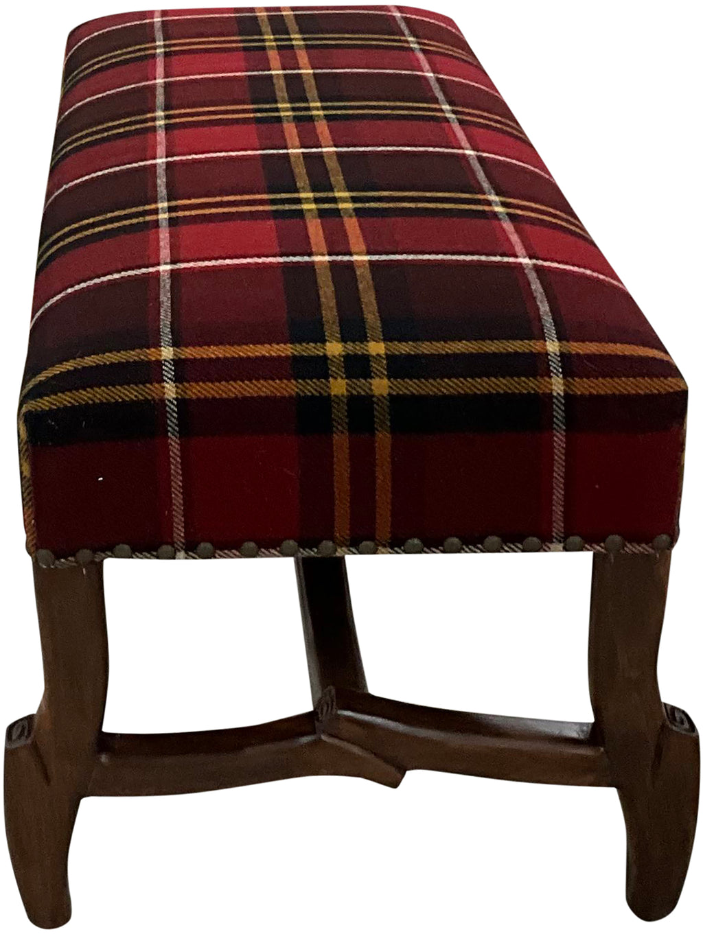 Handcrafted lodge plaid bench with Pendleton-style fabric and a carved twig wood base. A refined Western accent bench made in the USA and fully customizable.