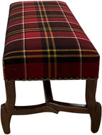 Handcrafted lodge plaid bench with Pendleton-style fabric and a carved twig wood base. A refined Western accent bench made in the USA and fully customizable.