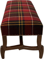 Handcrafted lodge plaid bench with Pendleton-style fabric and a carved twig wood base. A refined Western accent bench made in the USA and fully customizable.