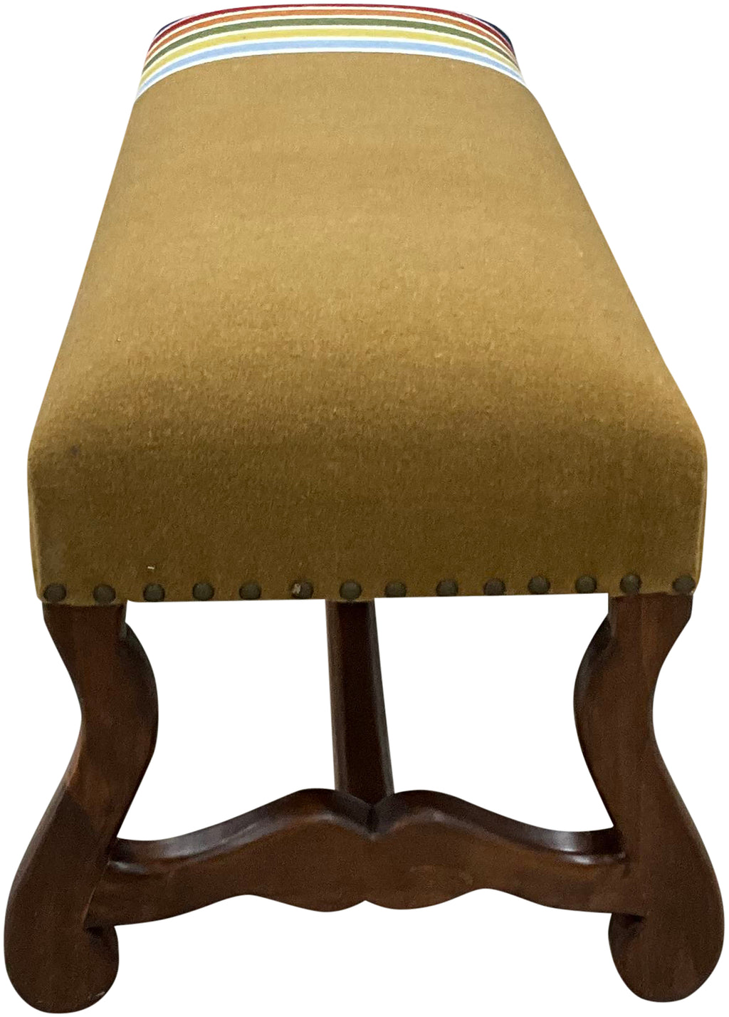 Handcrafted Western bench with a carved wood frame and Pendleton-style striped blanket upholstery. Custom rustic luxury furniture by Great Blue Heron Furniture.