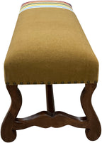 Handcrafted Western bench with a carved wood frame and Pendleton-style striped blanket upholstery. Custom rustic luxury furniture by Great Blue Heron Furniture.