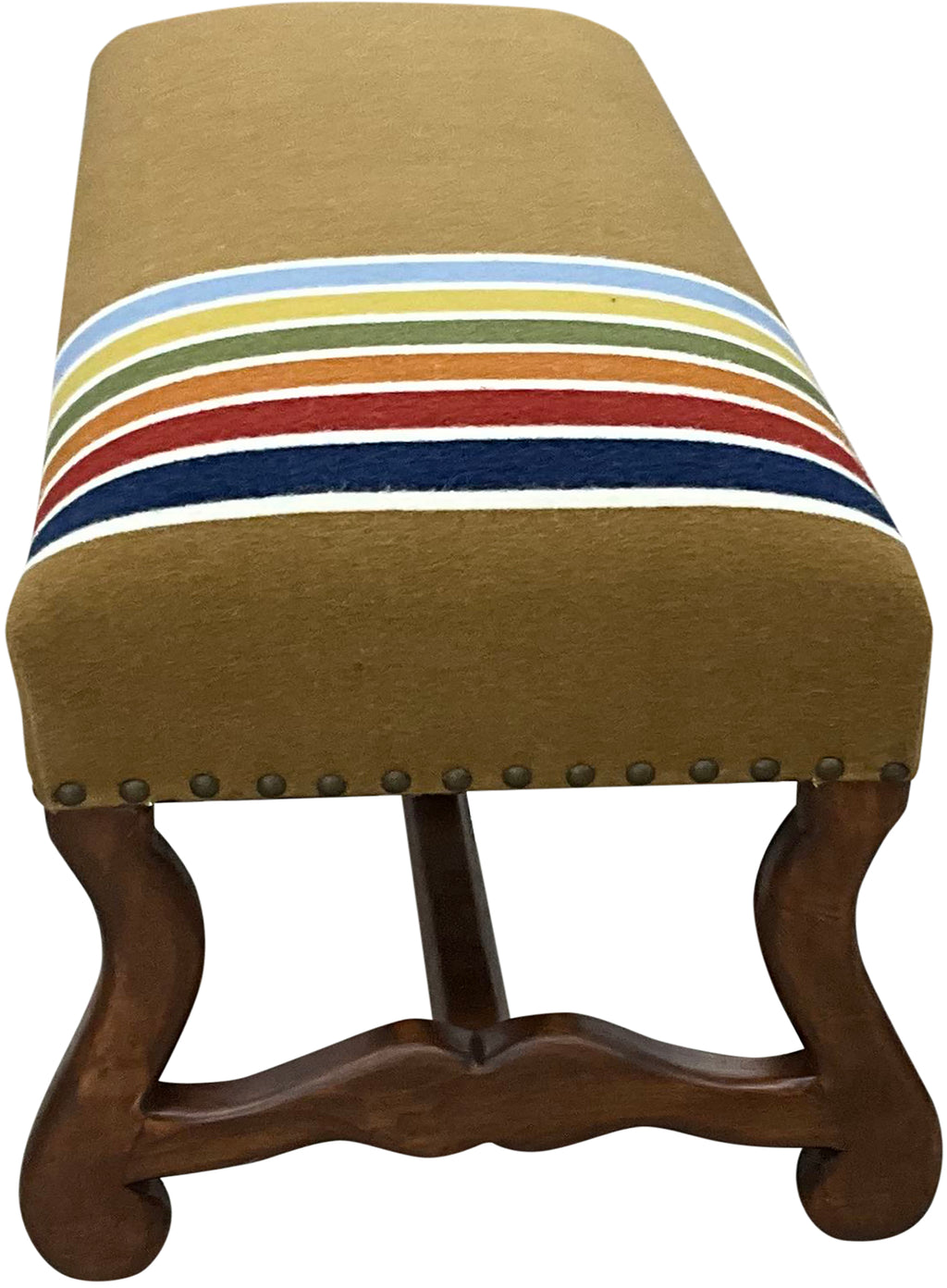 Handcrafted Western bench with a carved wood frame and Pendleton-style striped blanket upholstery. Custom rustic luxury furniture by Great Blue Heron Furniture.