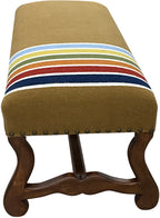 Handcrafted Western bench with a carved wood frame and Pendleton-style striped blanket upholstery. Custom rustic luxury furniture by Great Blue Heron Furniture.