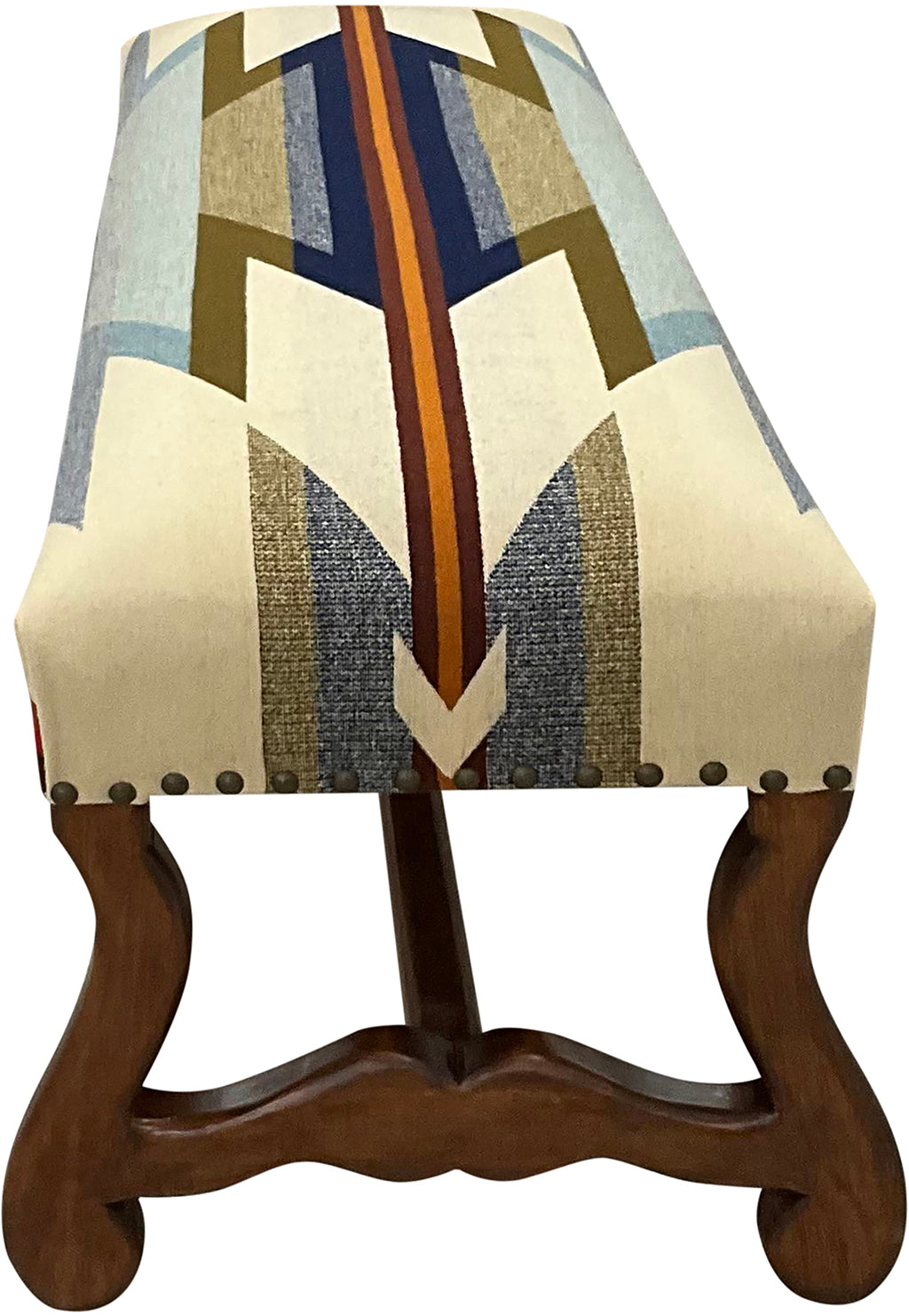 Western Trails Bench by Great Blue Heron Furniture features a hand-carved wood frame and a Pendleton style wool blanket upholstery, blending refined Western luxury with heirloom craftsmanship.