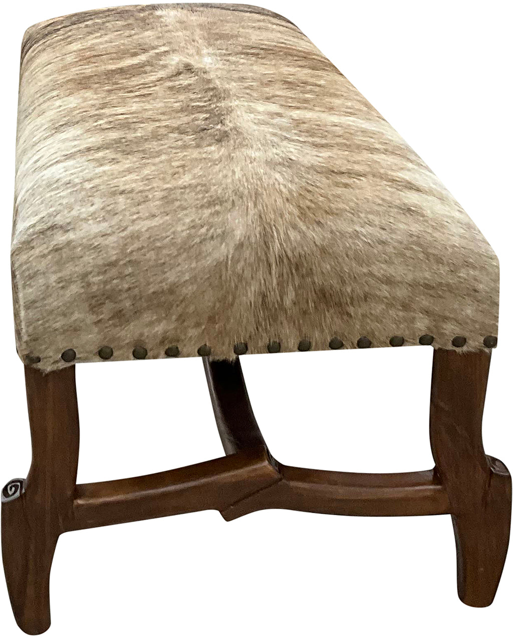 Handcrafted cowhide bench with light exotic hide and hand-carved twig-style wood base. A luxury Western accent bench made in Texas by Great Blue Heron Furniture.