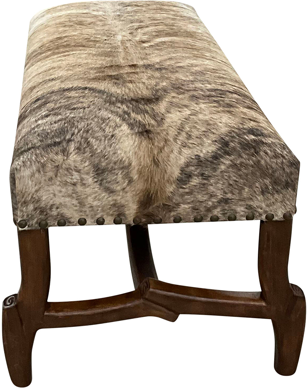 Handcrafted cowhide bench with light exotic hide and hand-carved twig-style wood base. A luxury Western accent bench made in Texas by Great Blue Heron Furniture.
