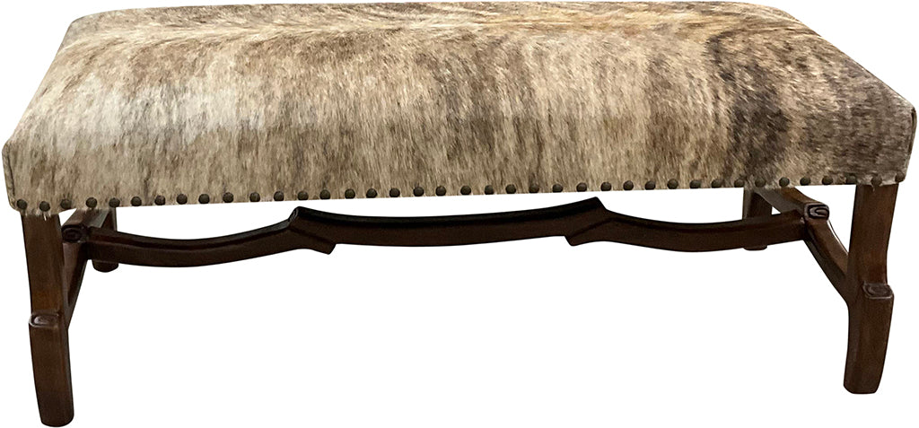 Handcrafted cowhide bench with light exotic hide and hand-carved twig-style wood base. A luxury Western accent bench made in Texas by Great Blue Heron Furniture.