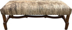 Handcrafted cowhide bench with light exotic hide and hand-carved twig-style wood base. A luxury Western accent bench made in Texas by Great Blue Heron Furniture.