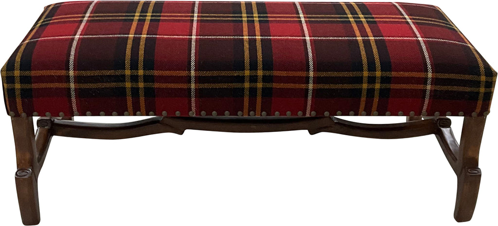 Handcrafted lodge plaid bench with Pendleton-style fabric and a carved twig wood base. A refined Western accent bench made in the USA and fully customizable.