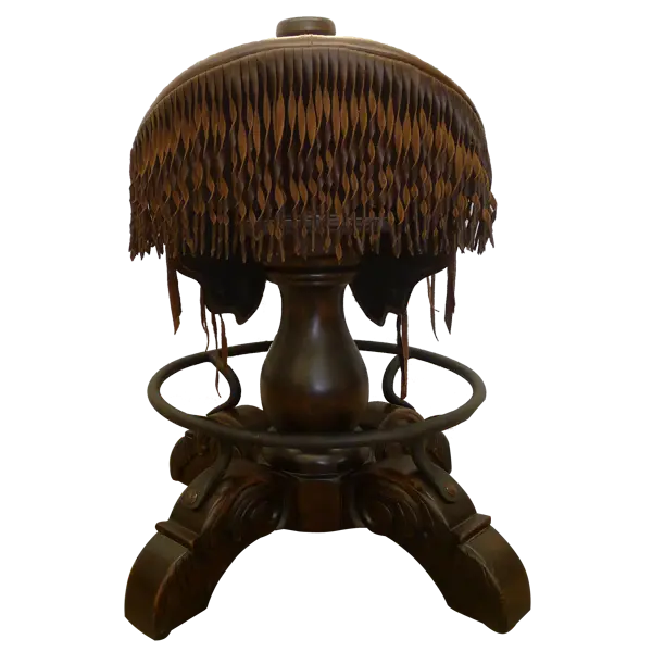 The Bronco Saddle Barstool features a handcrafted full-grain leather saddle seat with cowhide fenders, hand-forged iron medallion, and wood pedestal base. A 180° swivel Western barstool blending authentic cowboy craftsmanship with rustic luxury.