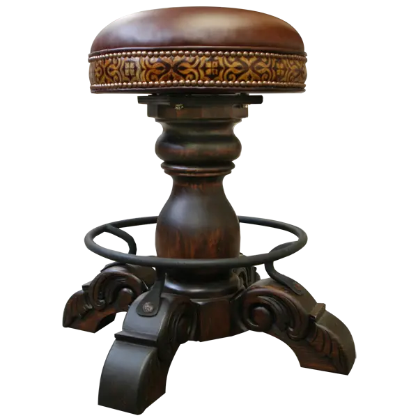 The El Matador Bajo 5 Barstool features brown full-grain leather, hand-tooled accents, and a carved wood base with a forged iron footrest. A 360° swivel and customizable design make it a perfect blend of comfort and craftsmanship.