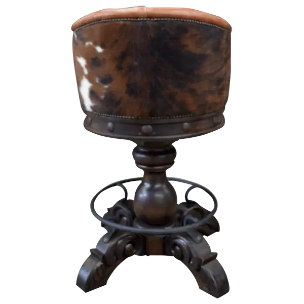 The Rocca La Elegante 2 Barstool features rich brown leather, hand-carved wood, and forged iron details. With a tufted back, 180° swivel, and bold Western style, it’s elegance with rugged sophistication.