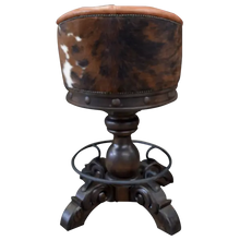 Load image into Gallery viewer, The Rocca La Elegante 2 Barstool features rich brown leather, hand-carved wood, and forged iron details. With a tufted back, 180° swivel, and bold Western style, it’s elegance with rugged sophistication.