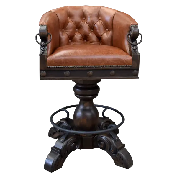 The Rocca La Elegante 2 Barstool features rich brown leather, hand-carved wood, and forged iron details. With a tufted back, 180° swivel, and bold Western style, it’s elegance with rugged sophistication.