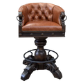 The Rocca La Elegante 2 Barstool features rich brown leather, hand-carved wood, and forged iron details. With a tufted back, 180° swivel, and bold Western style, it’s elegance with rugged sophistication.