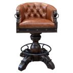 The Rocca La Elegante 2 Barstool features rich brown leather, hand-carved wood, and forged iron details. With a tufted back, 180° swivel, and bold Western style, it’s elegance with rugged sophistication.