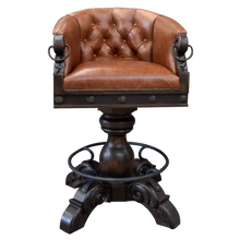 Load image into Gallery viewer, The Rocca La Elegante 2 Barstool features rich brown leather, hand-carved wood, and forged iron details. With a tufted back, 180° swivel, and bold Western style, it’s elegance with rugged sophistication.