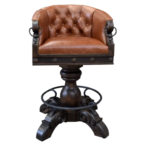 The Rocca La Elegante 2 Barstool features rich brown leather, hand-carved wood, and forged iron details. With a tufted back, 180° swivel, and bold Western style, it’s elegance with rugged sophistication.