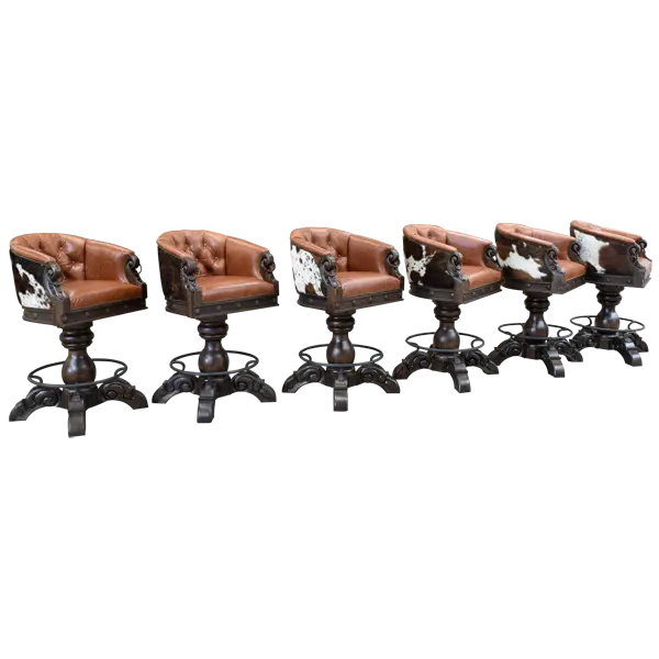 The Rocca La Elegante 2 Barstool features rich brown leather, hand-carved wood, and forged iron details. With a tufted back, 180° swivel, and bold Western style, it’s elegance with rugged sophistication.