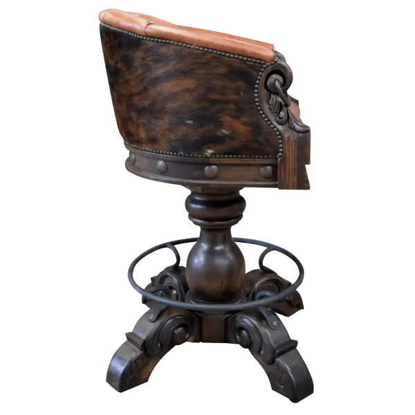 The Rocca La Elegante 2 Barstool features rich brown leather, hand-carved wood, and forged iron details. With a tufted back, 180° swivel, and bold Western style, it’s elegance with rugged sophistication.