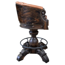 Load image into Gallery viewer, The Rocca La Elegante 2 Barstool features rich brown leather, hand-carved wood, and forged iron details. With a tufted back, 180° swivel, and bold Western style, it’s elegance with rugged sophistication.