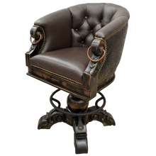 Load image into Gallery viewer, The Rocca La Colonial Barstool blends Spanish Colonial design with full-grain leather, embossed detailing, and hand-forged iron accents. Elegant, durable, and fully customizable with a 180° swivel base.