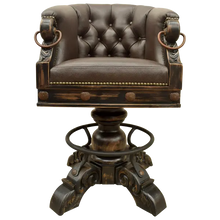 Load image into Gallery viewer, The Rocca La Colonial Barstool blends Spanish Colonial design with full-grain leather, embossed detailing, and hand-forged iron accents. Elegant, durable, and fully customizable with a 180° swivel base.
