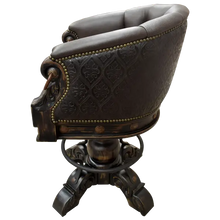 Load image into Gallery viewer, The Rocca La Colonial Barstool blends Spanish Colonial design with full-grain leather, embossed detailing, and hand-forged iron accents. Elegant, durable, and fully customizable with a 180° swivel base.