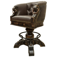 Load image into Gallery viewer, The Rocca La Colonial Barstool blends Spanish Colonial design with full-grain leather, embossed detailing, and hand-forged iron accents. Elegant, durable, and fully customizable with a 180° swivel base.