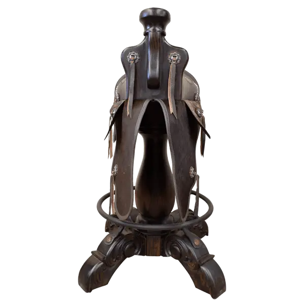 The Chaps Saddle Barstool features full-grain leather, embossed Western patterns, copper conchos, and a 180° swivel wooden base. A handcrafted Western saddle barstool that celebrates cowboy craftsmanship and the artistry of the American frontier.