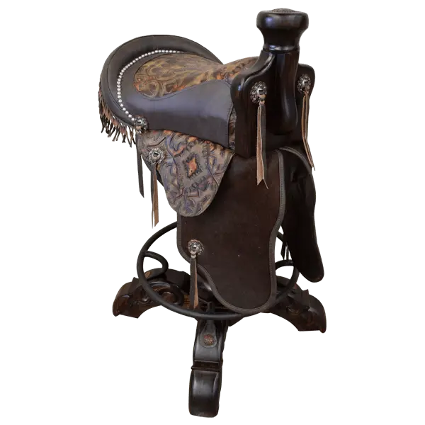 The Chaps Saddle Barstool features full-grain leather, embossed Western patterns, copper conchos, and a 180° swivel wooden base. A handcrafted Western saddle barstool that celebrates cowboy craftsmanship and the artistry of the American frontier.